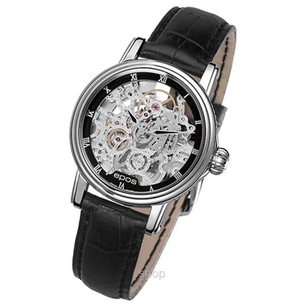 Epos Ladies Skeleton Watch Black Roman Leather - 4390SK 1