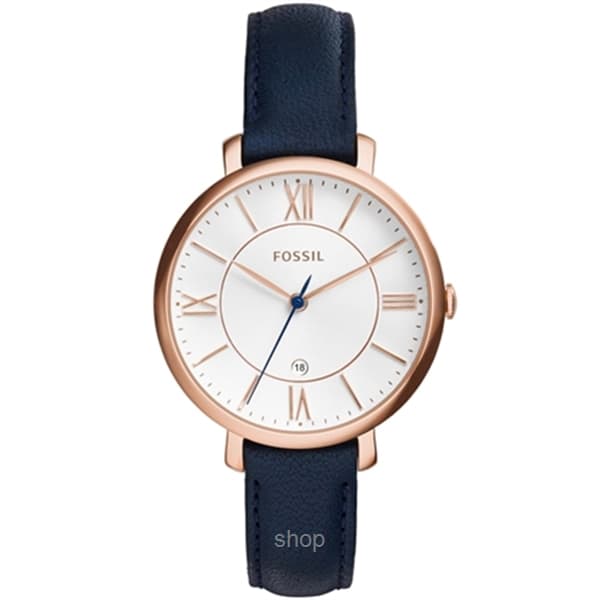 Fossil Jacqueline Rose Gold-Tone Watch with Navy Leather Band - ES3843 1