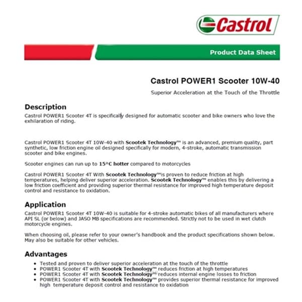 [Carton Packaging] Castrol Power1 Scooter 4T 10W-40 Part Synthetic Technology For Scooter (12X1L) 2