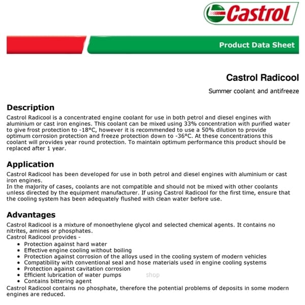 Castrol Radicool 1L Summer Coolant and Antifreeze - 3396085 2