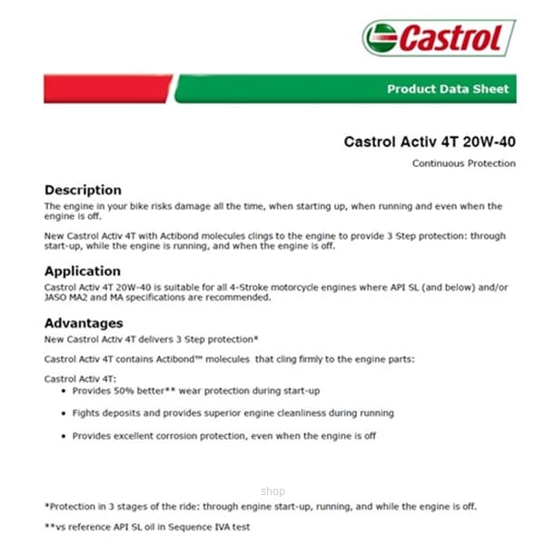 [Carton Packaging] Castrol Activ 4T 20W-40 Continuous Protection for 4-Stroke Motorcycles (24X1L) 2