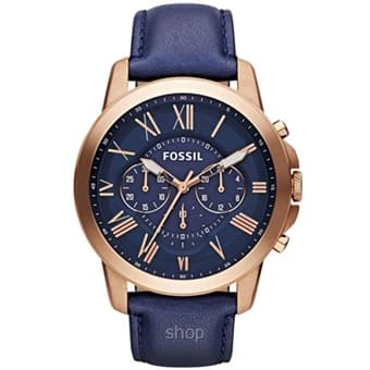 Fossil FS4835 Men Grant Chronograph Blue Leather Watch