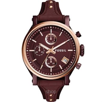 Fossil ES4114 Women Original Boyfriend Sport Chronograph Wine Leather Watch